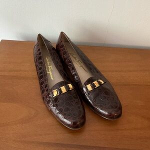 Salvatore Ferragamo Dark Brown Embossed Loafers with Gold Accents